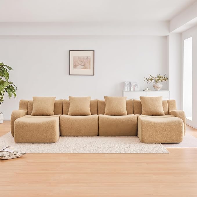 Camel U-Shaped Cloud Couch with 2 Ottomans, Modern Teddy Fabric Boneless Sectional Sofa in a Box for Living Room, Modular Floor Couch, Deep Seat, No Assembly Required, Sofas para Sala