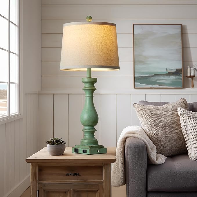 29" Tall Vintage Table Lamps Set of 2,Retro Green Bedside Lamps with USB C+A Ports & AC Outlet,3-Way Dimmable Touch Lamp for Night Stands Living Room Bedroom,Green