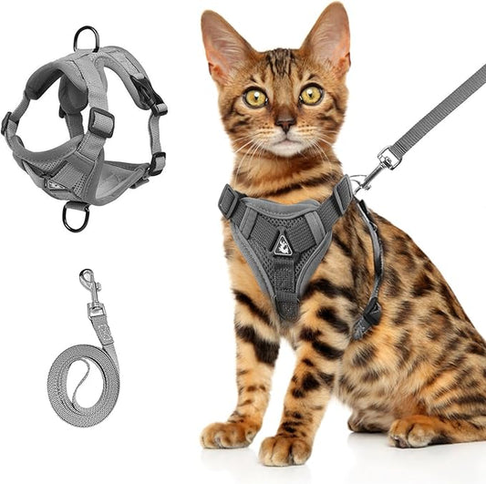 Wanheart cat Chest Harness and Leash, Anti-Escape Adjustable Soft mesh cat Leash and Chest Harness Set for All Types of Cats cat Vests (Grey, 11.02-16.5lb)