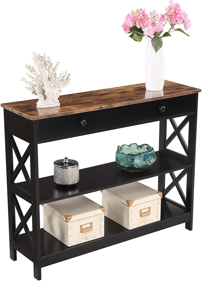 Convenience Concepts Oxford 1 Drawer Console Table with Shelves, Barnwood/Black