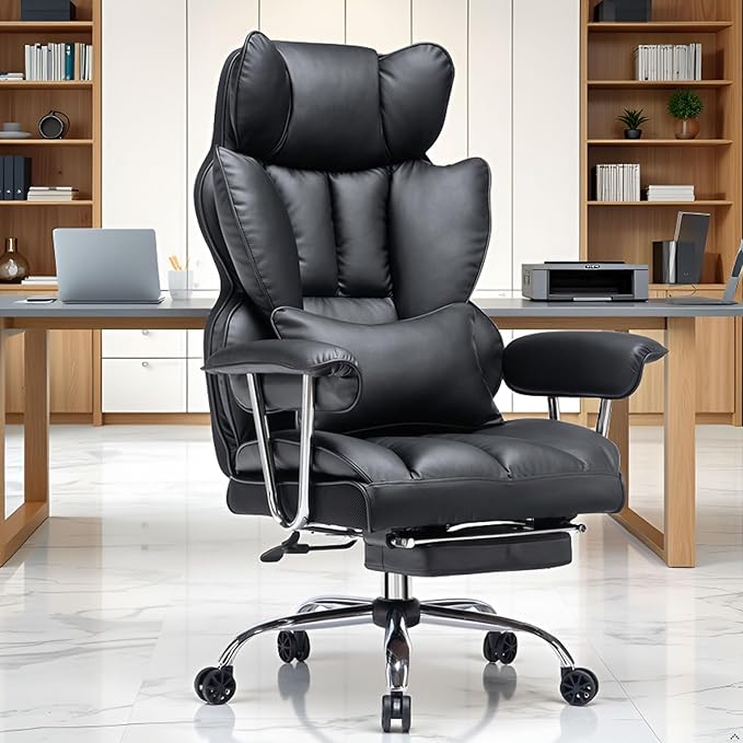 Efomao Big and Tall Office Chair with Foot Rest 400LBS, PU Leather Computer Chair, Heavy Duty Executive Office Chair with Lumbar Support, Black Home Office Chairs