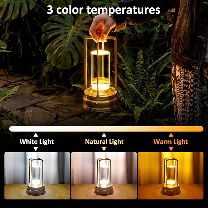 Rechargeable Cordless Metal Table Lamp – Portable LED Desk Lamp with 3-Color Infinite Dimming, Battery Powered for Indoor & Outdoor Use, Bedroom, Restaurant, Bar, Coffee Shop, or Camping