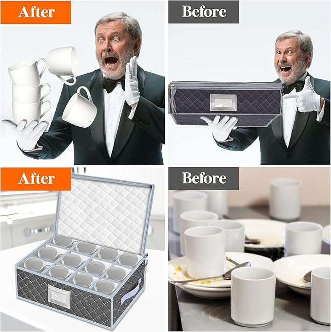 VERONLY Mug and Cup Storage Box with Dividers - 2 Pack China Storage Bin Containers Holds 24 Glassware, Stackable Coffee Mug Organizer Bin and Tea Cup with 2 Metal Zipper,Label and Handles (Grey)