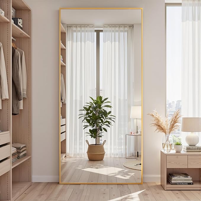 Full Length Mirror, 76"x34" Full Body Mirror, Floor Mirrors with Stand, Body Mirrors Standing Hanging Leaning Against Wall,Aluminum Frame Mirrors for Bedroom Cloakroom,Living Room,Gold
