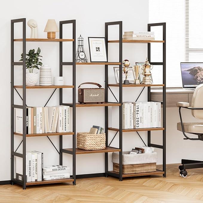 NUMENN Triple Column 4 Tier Bookshelf, Bookcase with 11 Open Display Shelves, Adjustable Rustic Industrial Style Book Shelves, Modern Bookshelves for Bedroom, Living Room and Home Office, Vintage