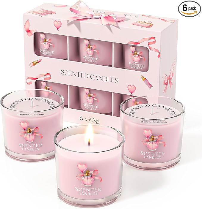 Pink Candles, Scented Candle Gift Set for Stress Relief, 6 Votive Candles for Women and Men, Birthday Candle Gifts for Women, Candles Gifts for Women (Pink, 14 oz)