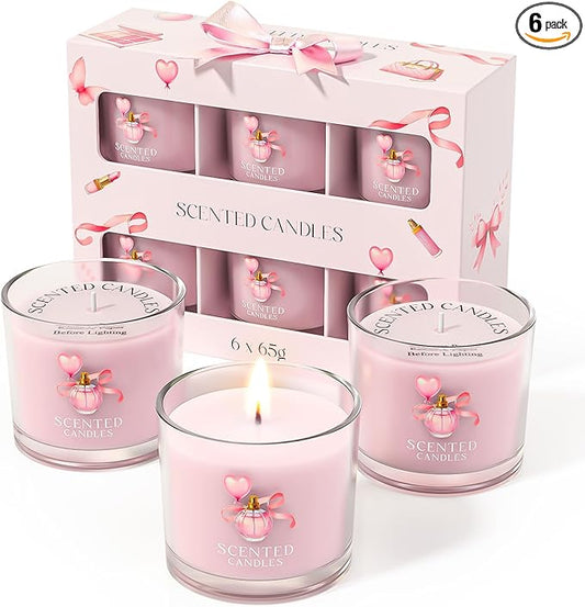 Pink Candles, Scented Candle Gift Set for Stress Relief, 6 Votive Candles for Women and Men, Birthday Candle Gifts for Women, Candles Gifts for Women (Pink, 14 oz)