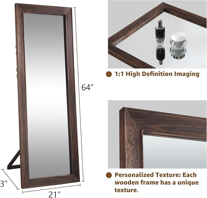 MELOMOIR Rustic Farmhouse Full Length Mirror, 64"x21" Wood Frame Floor Mirror, Free Standing Leaning Hanging, Long Mirror for Bedroom Living Room Cloakroom, Charcoal-Grilled Brown