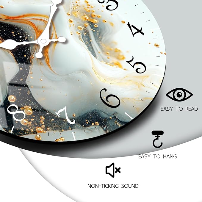 Modern Marble Texture Clock Wihte Hands Rustic Kitchen Decor 14 Inch Wall Clock Battery Operated Non-Ticking Large Round Quartz Simp Decorative for Office, Bedroom, Living Room