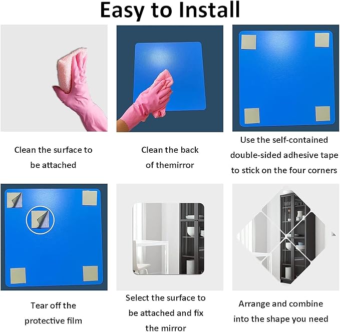 DARENYI 6Pcs Acrylic Mirror Tiles, 8'' x 8'' x 0.07'' Mirror Sheets for Walls Decor, Self-Adhesive Mirror Stickers, Square Mirror Trays Plates for Tables Centerpieces Wedding