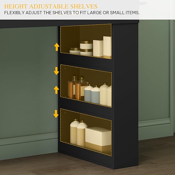 DWVO Makeup Vanity with LED Mirror, 40" Big Vanity Makeup Table with 4 Drawers and 7 Open Storage Shelves, Built-in Power Outlets & Hairdryer Holder, Black