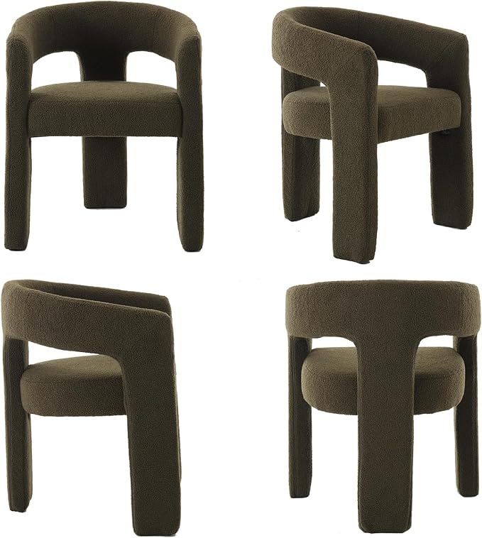 Modern Sherpa Dining Chairs Set of 6, Upholstered Barrel Chairs with Arms Comfy Accent Side Chairs for Living Room/Dining Room/Reception, Green