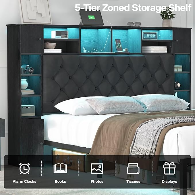 Full Size Bed Frame with Bookcase Headboard and Storage Drawers, 51.2" Metal Platform Full Bed Frame with Charging Station and LED Lights, Velvet Upholstered Tufted Bed Frames, Black