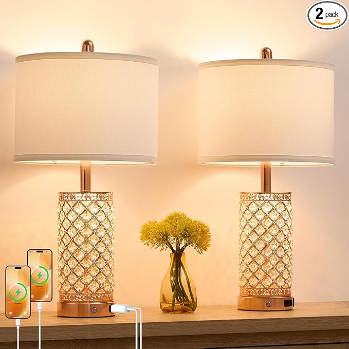 Crystal Table Lamps Modern 3-Way Dimmable Bedside Lamp with 2 USB Ports & AC Outlets for Living Room Bedroom Nightstand Lamp Night Light (Rose Gold-2 Pack 24In)