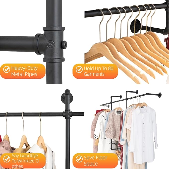 Industrial Pipe Clothing Rack, Hanging Garment Rack, Wall Mounted Pipe Clothes Rack with Four Hanging Rods, Heavy Duty Garment Rack, Industrial Steampunk Closet Organizer Hall Tree (Metal Pipes-Black)