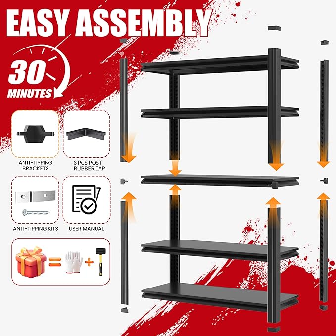 63" H Heavy Duty Garage Shelving, Metal Storage Shelves, Adjustable 5 Tier Metal Shelving Unit, Industrial Utility Rack for Garage, Warehouse, Workshop, 16" D×31.5" W×63" H, Black