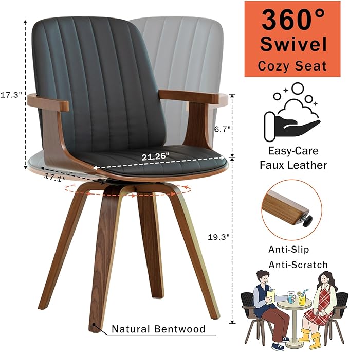 Swivel Dining Chairs, Set of 2 Kitchen Swivel Chairs with Walnut Craftsmanship, Upholstered Faux Leather, Wooden Arms and Legs, Walnut Dining Chairs for Kitchen/Living Room - Black