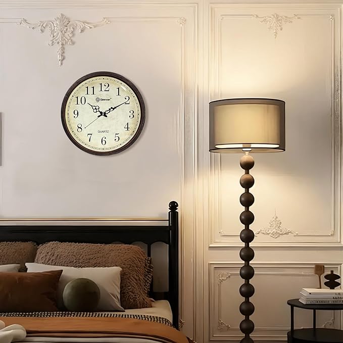 Geevon Vintage Brown Wall Clock, Silent 16" Non Ticking Wall Clock Battery Operated Retro Rustic Style Round Clock Decorative for Kitchen,Classroom,Bedroom,Living Room Decor