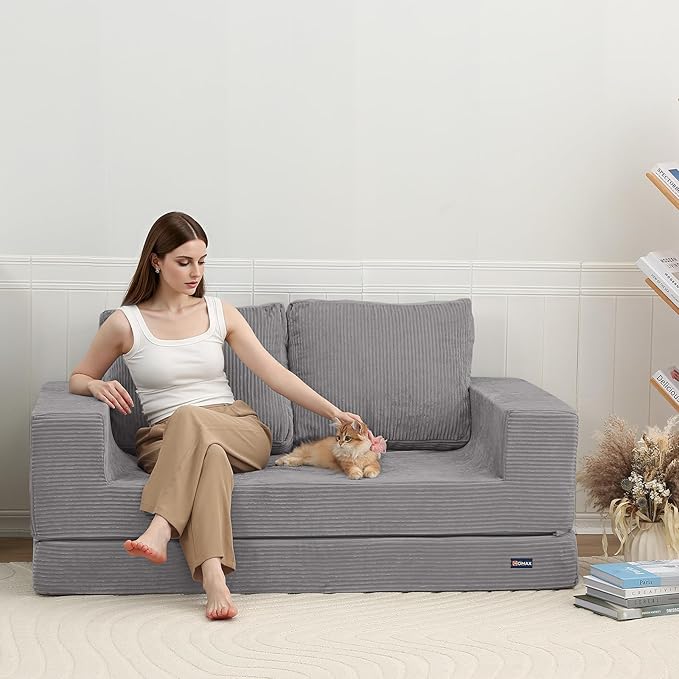 COMAX Convertible Sofa Bed Queen, Folding Fold Out Couch Bed, Floor Futon Couch Corduroy with Back Pillows, Boneless Sofa Comfy Lounge Sleeper Mattress Loveseat for Living Room Bedroom, Light Grey