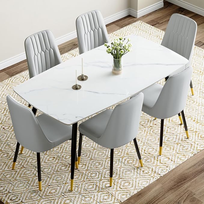 7 Piece Modern Dining Set, 62'' Sintered Stone Dinner Table for 6, 6 Chairs, Easy to Assemble