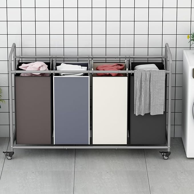 Laundry Sorter 4 Section Hamper Sorter with Heavy Duty Lockable Rolling Wheels Removable Bags Basket Separator for Dirty Clothes Storage, Assorted