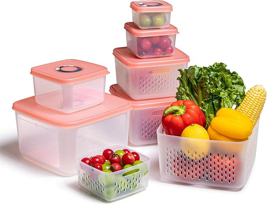 6-Piece Fruit Storage Containers for Fridge with Lids — BPA-Free Produce & Salad Keeper with Removable Colanders, Dishwasher & Microwave Safe, Multi-Size Meal Prep & Lettuce Saver