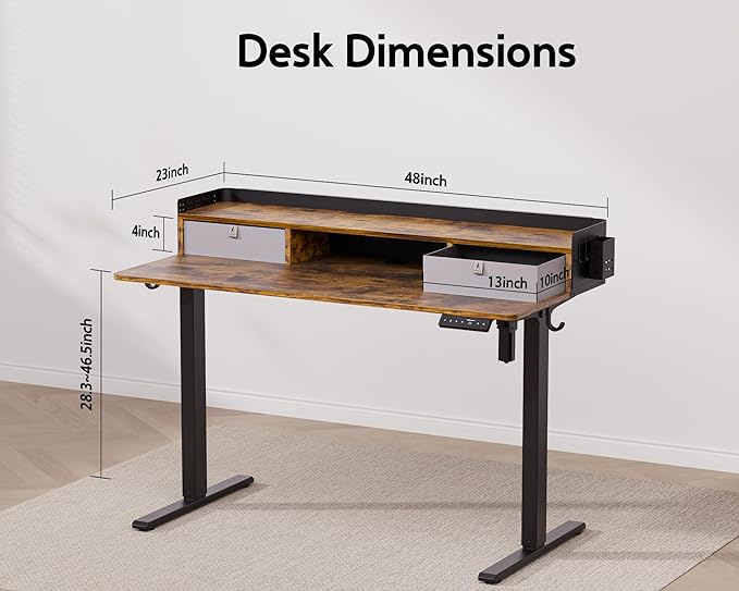 48x24 Inches Electric Standing Desk with 2 Drawers, Height Adjustable Stand up Desk for Home Office, Ergonomic Sit to Stand Table with Storage Shelf, DIY Board, Hooks, Rustic Brown