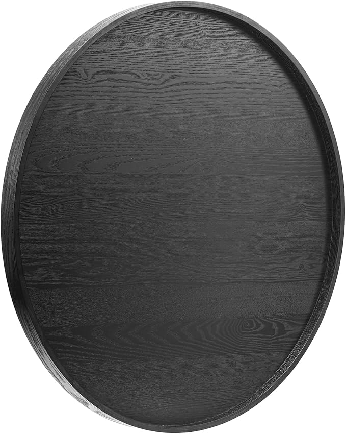 28 inch Round Solid Wood Serving Tray Extra Large Tea Coffee Snack Food Meals Serving Plate Non-Slip Kitchen Party Bar Server Ottoman Tray Breakfast Tray with Raised Edges Black