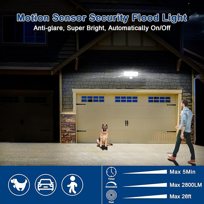 EMANER Flood Lights Motion Sensor Outdoor, Remote Security Light 28W, Always On or Motion Activated On/Off, Tunable Warm White Dimmable for Eave, Garage (White, 1-Pack)