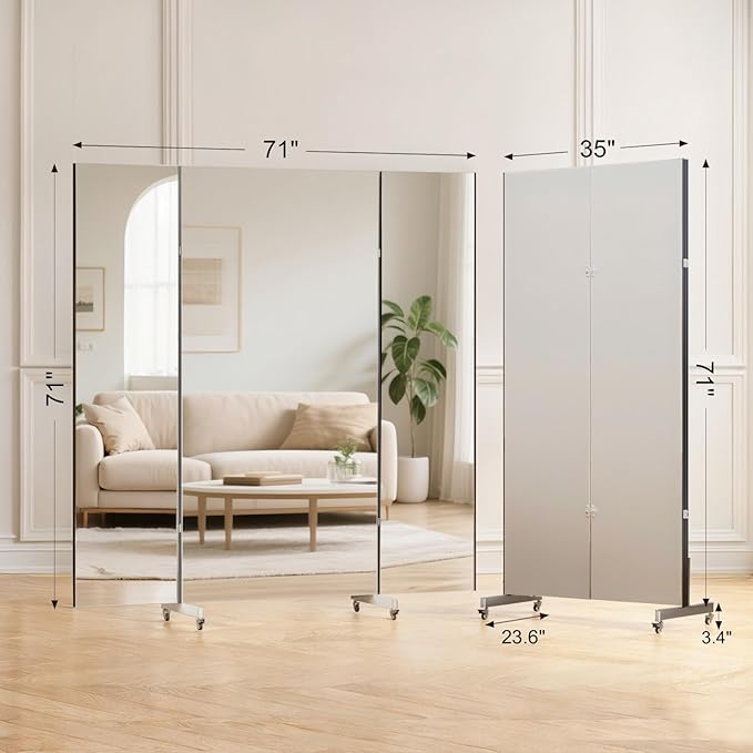 brisafe Full Length Mirror with 360° Wheels, 71"x71" Foldable Floor Mirror with Nano-Tech Shatterproof Film - Ultra-Large Mobile Mirror for Home Gym, Dance Studio & Commercial Spaces (Black)