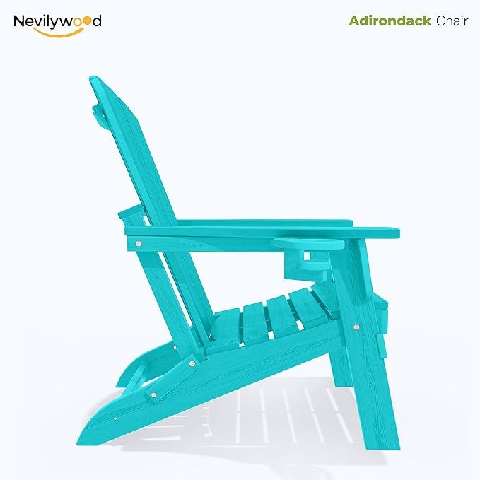 nevilywood Folding Adirondack Chair - Extended Ergonomic Backrest, Cup Holder - Easy Assembly - Durable HDPE Plastic, Weather Resistant & Maintenance-Free - Lawn, Patio, Deck Supports 380lbs Aruba