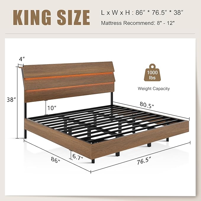 King Size Bed Frame with LED Headboard, Floating Bed Frame with Charging Station USB and V-Shaped Support, No Box Spring Needed, Noise Free, Easy Assembly, Walnut