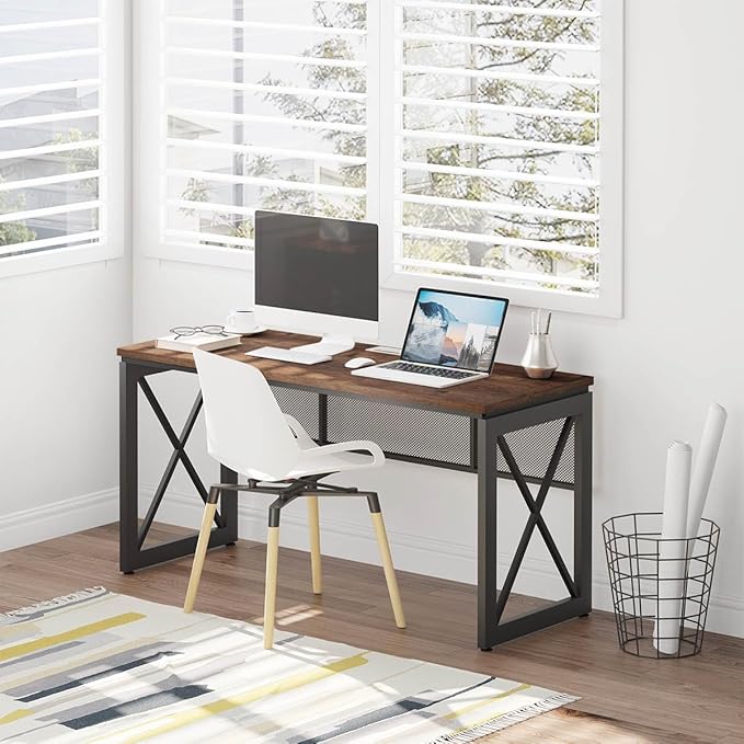 BON AUGURE 60 Inch Computer Desk for Home Office, Industrial Metal Wood Desks, Farmhouse Large Writing Table, Modern Sturdy Gaming Desk (Rustic Oak)