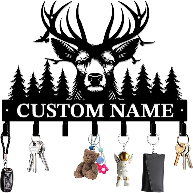 Personalized Custom Name Forest Deer Wall Keys Hooks,Metal Forest Deer Art Clothes Hooks,Metal Forest Deer Wall Home Storage Decorative,For Front Door, Hallway, Kitchen, Bedroom,Keys,Hats (Style E)