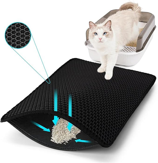 Cat Litter Mat, Kitty Litter Collector, Double Layered Honeycomb Design Waterproof, Anti Urine, Anti Slip, Easy to Clean, Limit Garbage (23"x14.5", Black)