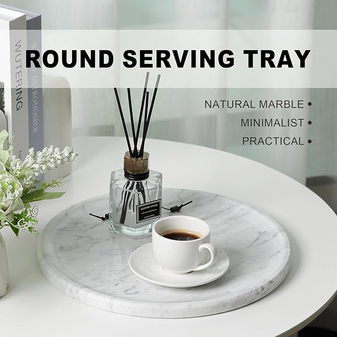 Natural Marble Serving Tray, 11.8in Round, Carrara Marble, Bathroom/Kitchen/Coffee Table Tray for Counter, Decorative Vanity for Catchall, Fruit and Snack