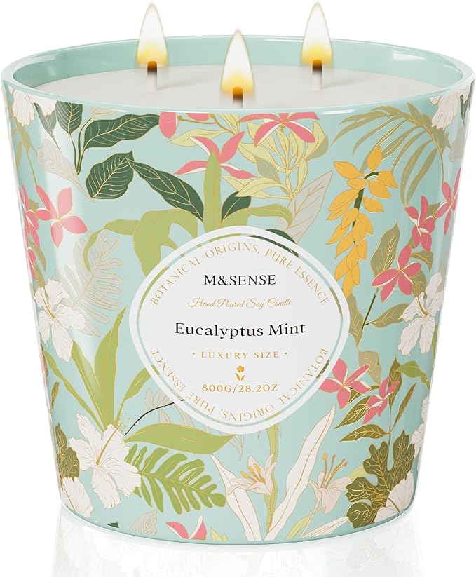 M&SENSE Eucalyptus Mint Scented Candle, 28.2oz 3 Wick Natural Soy Wax Large Candles, Long Lasting Clean Slow Burning No Toxic Décor for Home Relaxation, Romantic Dates Gift-Giving