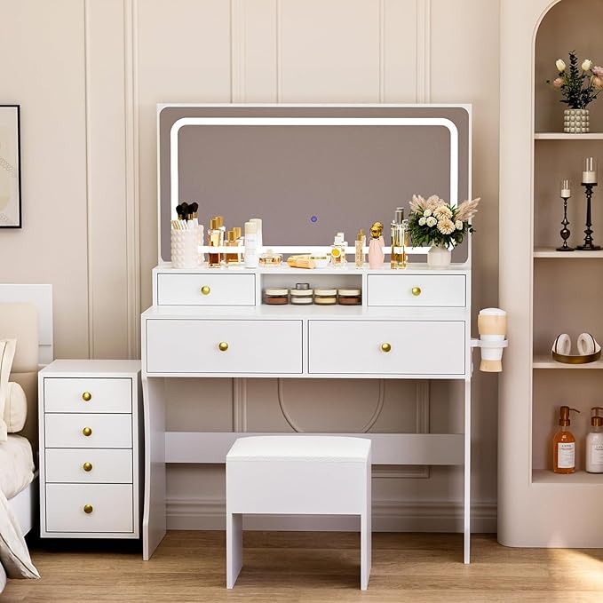 Pamapic Vanity Desk with File Cabinet, 8 Drawers Makeup Vanity with Mirror and Lights,3 Lighting Modes Dressing Table with Chair, Power Outlet, Silent Slides, White