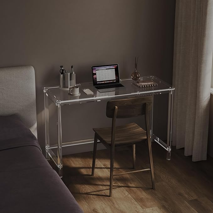 HMYHUM Acrylic Computer Desk, 47 Inch Clear Home Office Desk for Laptop, Study, Writing, Vanity Table with Cylindrical Legs, Modern, Easy Assembly