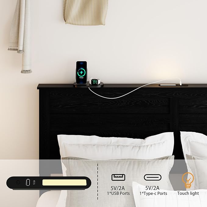 Wooden Queen Size Bed Frame with Headboard, Classic Black Farmhouse Storage Bedframe with Sliding Barn Door Footboard and Charging Station, Wood Slats, No Box Spring Needed