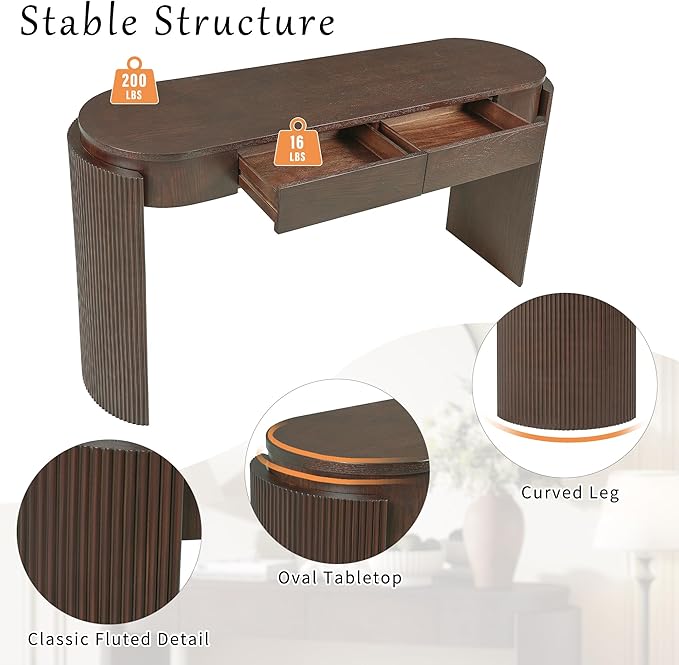 55" Wood Console Table for Entryway with Fluted,Modern Curved Oval Hallway Table and 2 Drawers,Rustic Farmhouse Narrow Sofa Table for Living Room,Bedroom,Apartments-Espresso