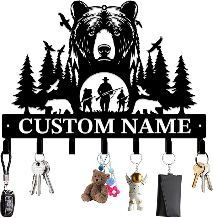 Personalized Custom Name Bear Key Wall Hooks,Metal Bear Keys Clothes Hooks,Metal Bear Wall Home Storage Decorative,For Front Door, Hallway, Kitchen, Bedroom,Keys,Hats (Style E)