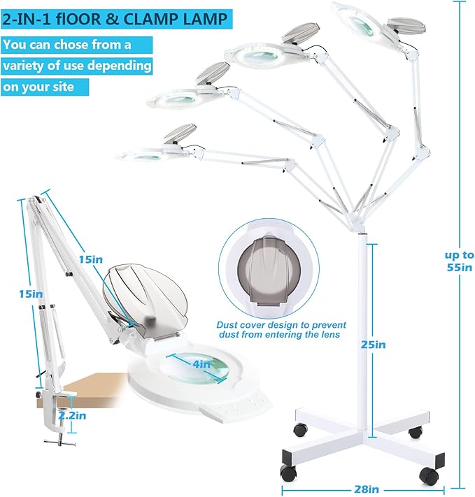 KIRKAS 10X Magniyfing Floor Lamp with 4 Wheel Rolling Base for Estheticians 2,200 Lumens LED Magnifier Lighted Glass Lens, Adjustable Stand & Swivel Arm Floor Lamp for Reading, Crafts, Tasks-White
