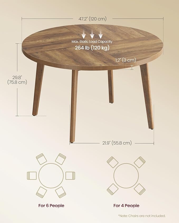 VASAGLE MAEZO Collection - Round Dining Table for 4-6 People, 47.2 Inches Circle Kitchen Table with Tapered Legs, Curved Transitions, for Dining Room, Kitchen, Honey Brown UKDT091KB02S