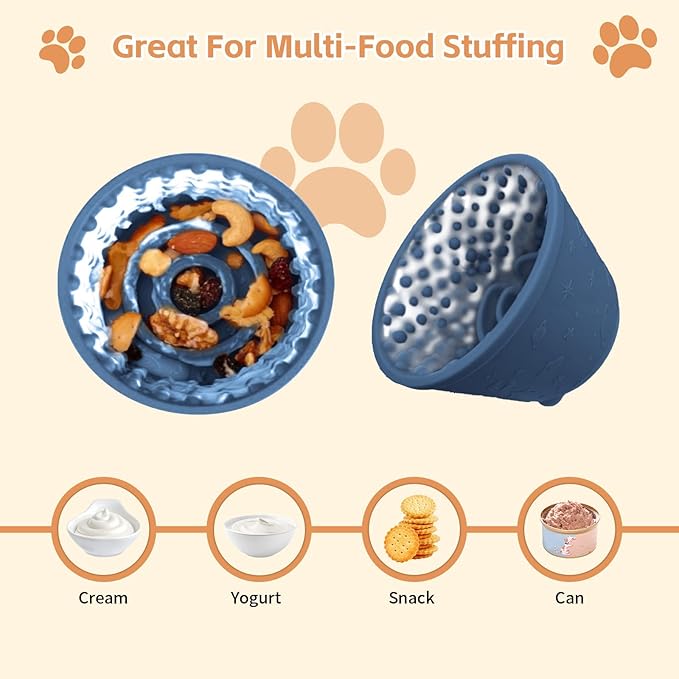 Dog Lick Bowl with Brush and Scraper, Anxiety Relief Silicone Slow Feeder Treat Dispenser, Anti-chocking Pet Dish, Non-Slip Interactive Entertainment Dog Puzzle Toy for Medium & Large-Dark Blue