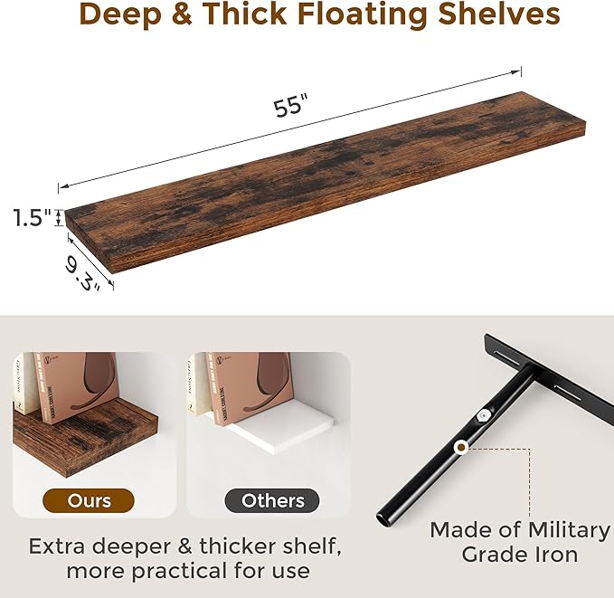 Fun Memories 55 Inch Floating Shelves for Wall, 55x9.3 Large Floating Shelf for Bedroom, Kitchen, Bathroom, Wall Mounted Rustic Wood Shelves with Invisible Bracket for Books, Decor, Rustic Brown
