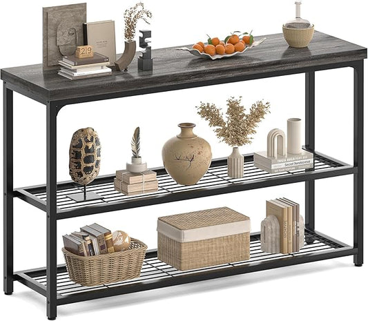47" Console Table with Storage, 3-Tier Narrow Entryway Table, Sofa Table with Mesh Shelves, Console Tables for Living Room, Bedroom, Hallway, Entryway, Foyer, Oak Grey