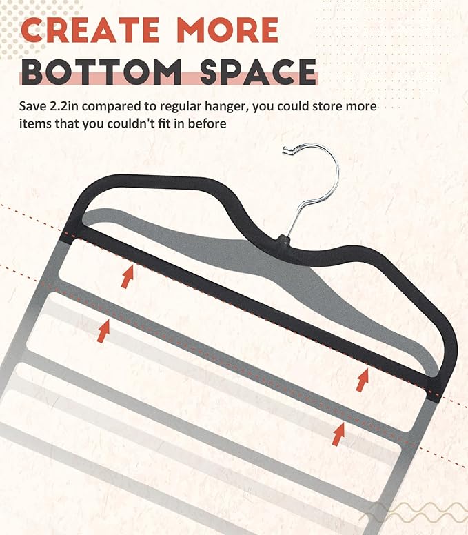 Pants Hangers Space Saving,5 Pack Velvet Short Neck Pants Hangers,5 Tier Space Saving Velvet Hanger,Closet Organizers and Storage Dorm Room Essentials for College Students Girls Guys Holds Pant,Jean