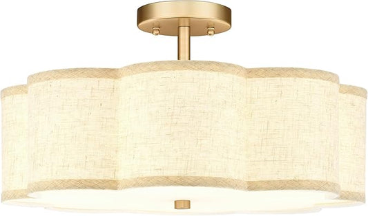 Gold Semi Flush Mount Ceiling Lights, 4-Light 18" Brass Light Fixtures Ceiling Mount with Linen Fabric Drum Shade in Flower Shape for Nursery Bedroom Kitchen Hallway, AD-22009-4SF-GD-B