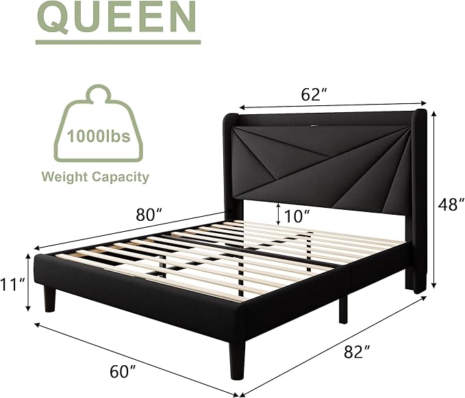 Feonase Queen Size Bed Frame with Charging Station, Linen Upholstered Platform Bed Frame with Wingback Storage Headboard, Solid Wood Slats Support, No Box Spring Needed, Noise Free, Black